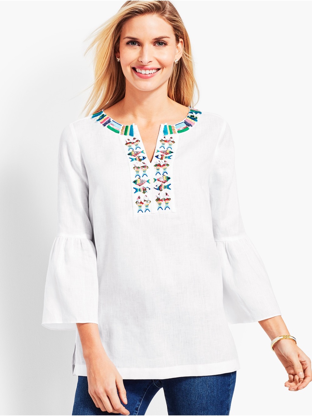 NWT White Sheer Linen Talbots Fish Embellished Tunic Top